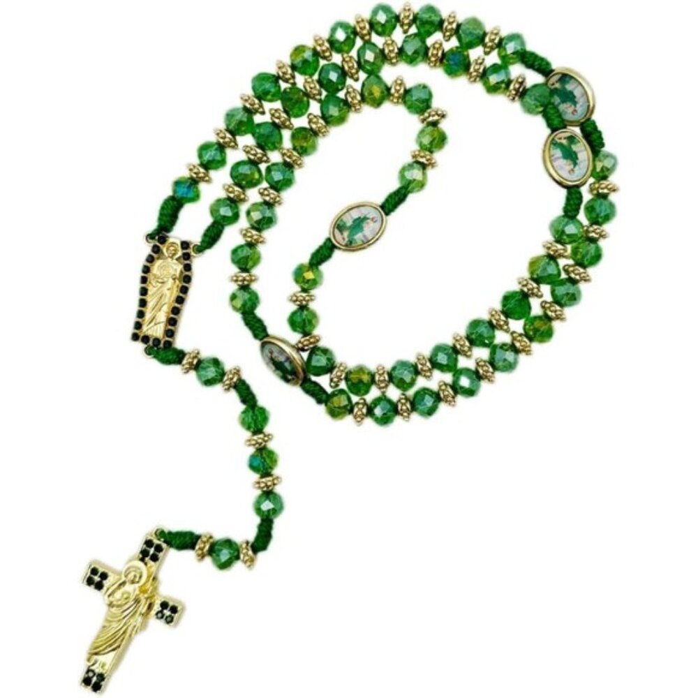 Exquisite Rosary Saint Jude Cross Pendant Mexican Necklace - Braided Cord Green